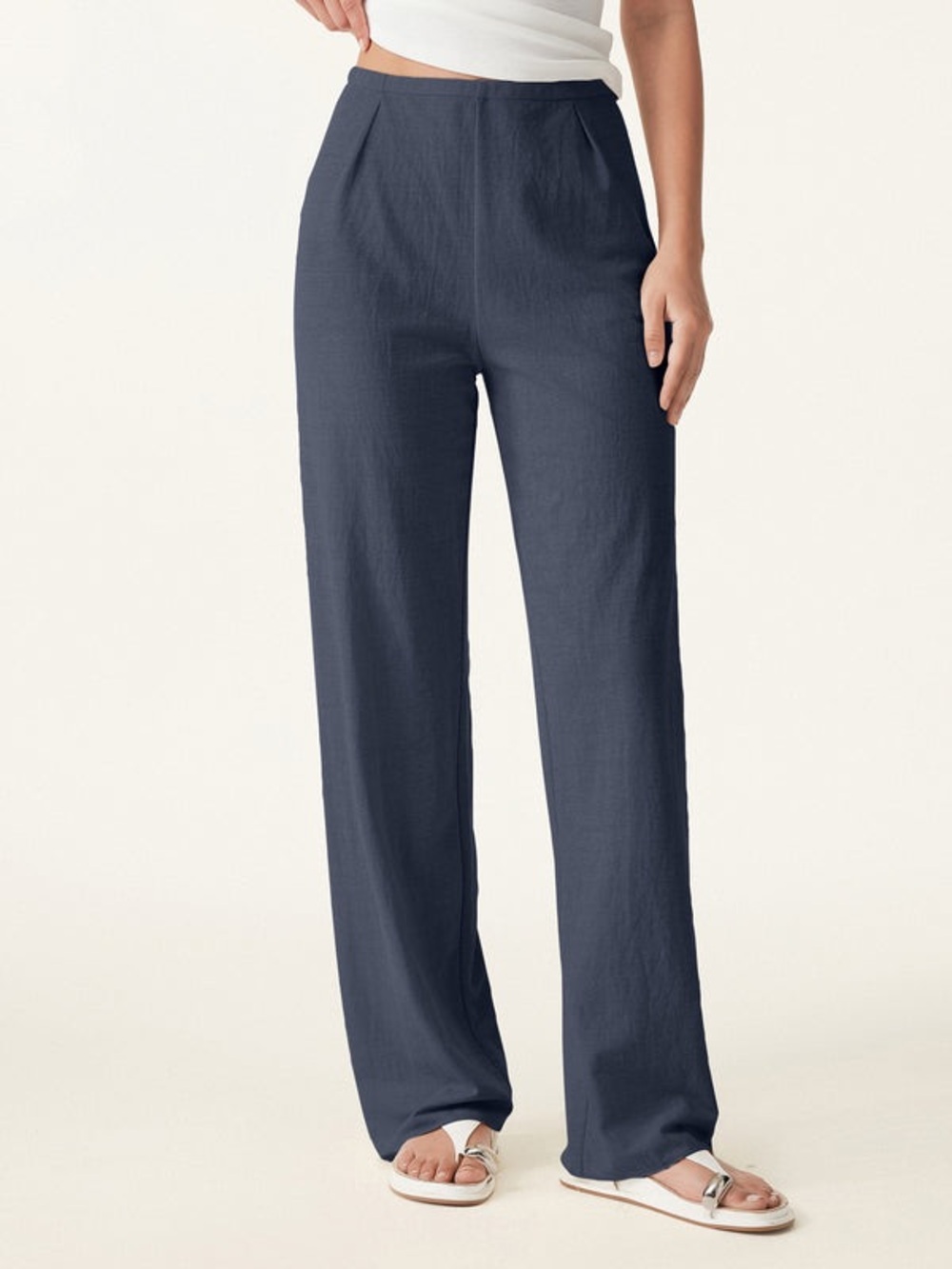 OGL Cotton Linen Navy 
Breathable Cotton-linen Mid Rise Straight Leg Pant Small
